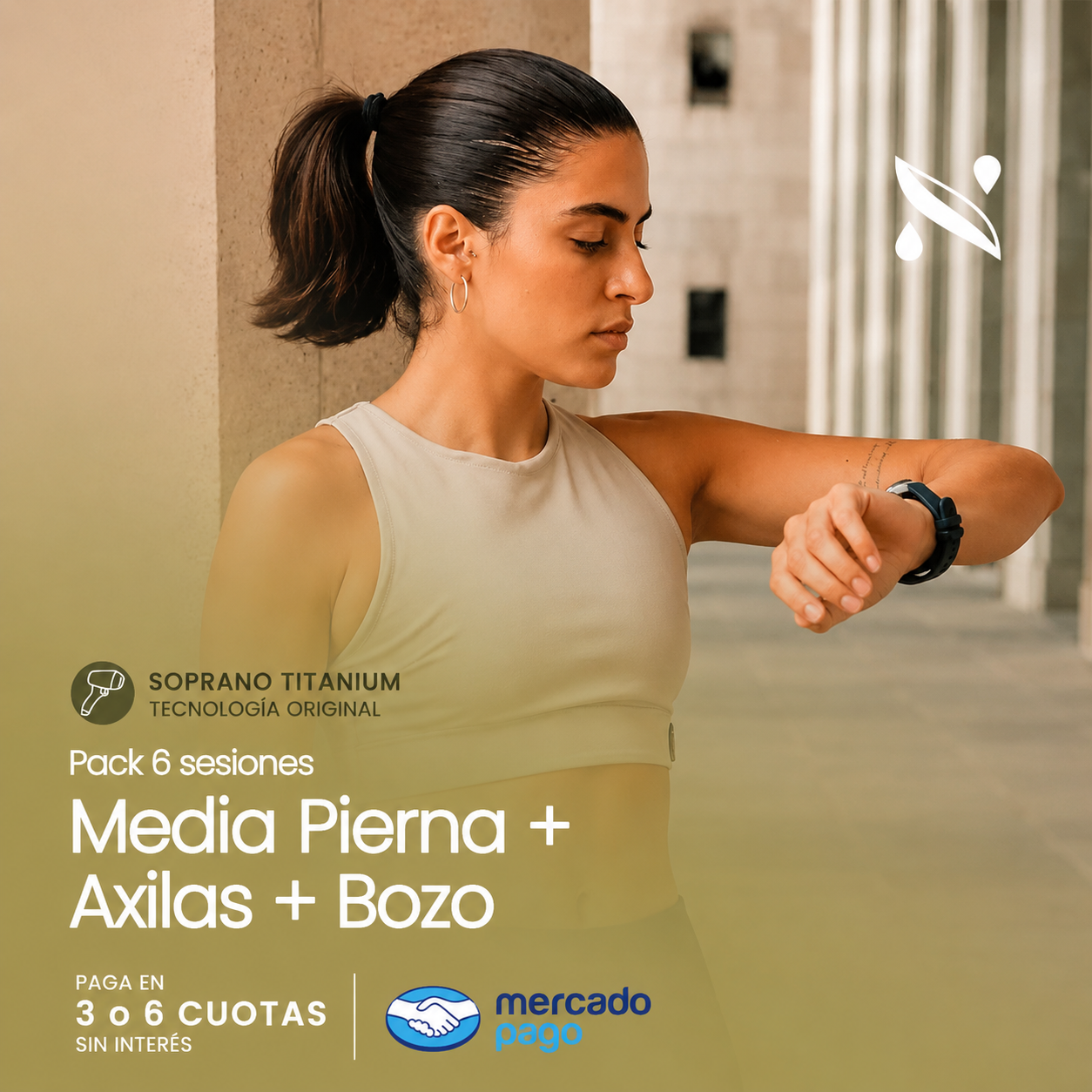 Pack 6 Sesiones Depilación Láser Media Pierna + Axilas + Bozo | Soprano Titanium